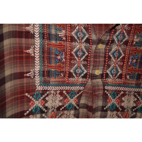 JOHNNY WAS 3J WORKSHOP $295 Plaid Embroidered Long Sleeve Tunic Dress Red Medium - Picture 3 of 4